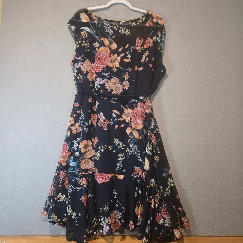 Roz & Ali Dress Womans Plus 22 Sleeveless Navy Blue Floral Chiffon Ruffle Midi - Picture 10 of 14